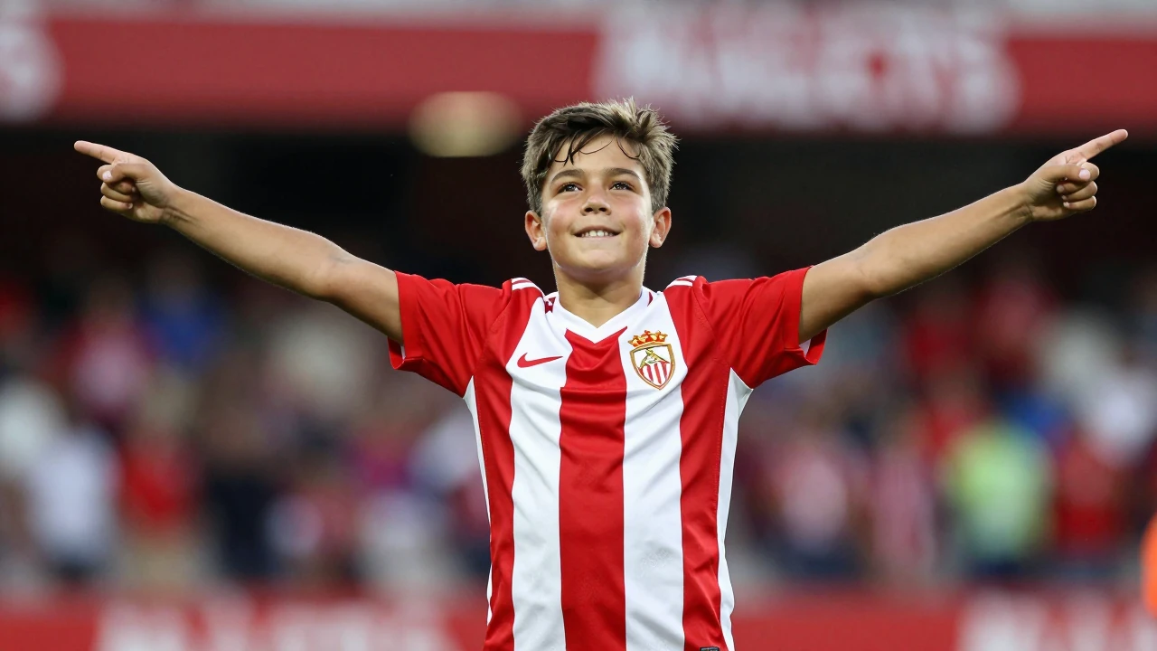 11-year-old fan, Málaga CF supporter, waist-up, wearing a solid red and white striped jersey, celebrating with...