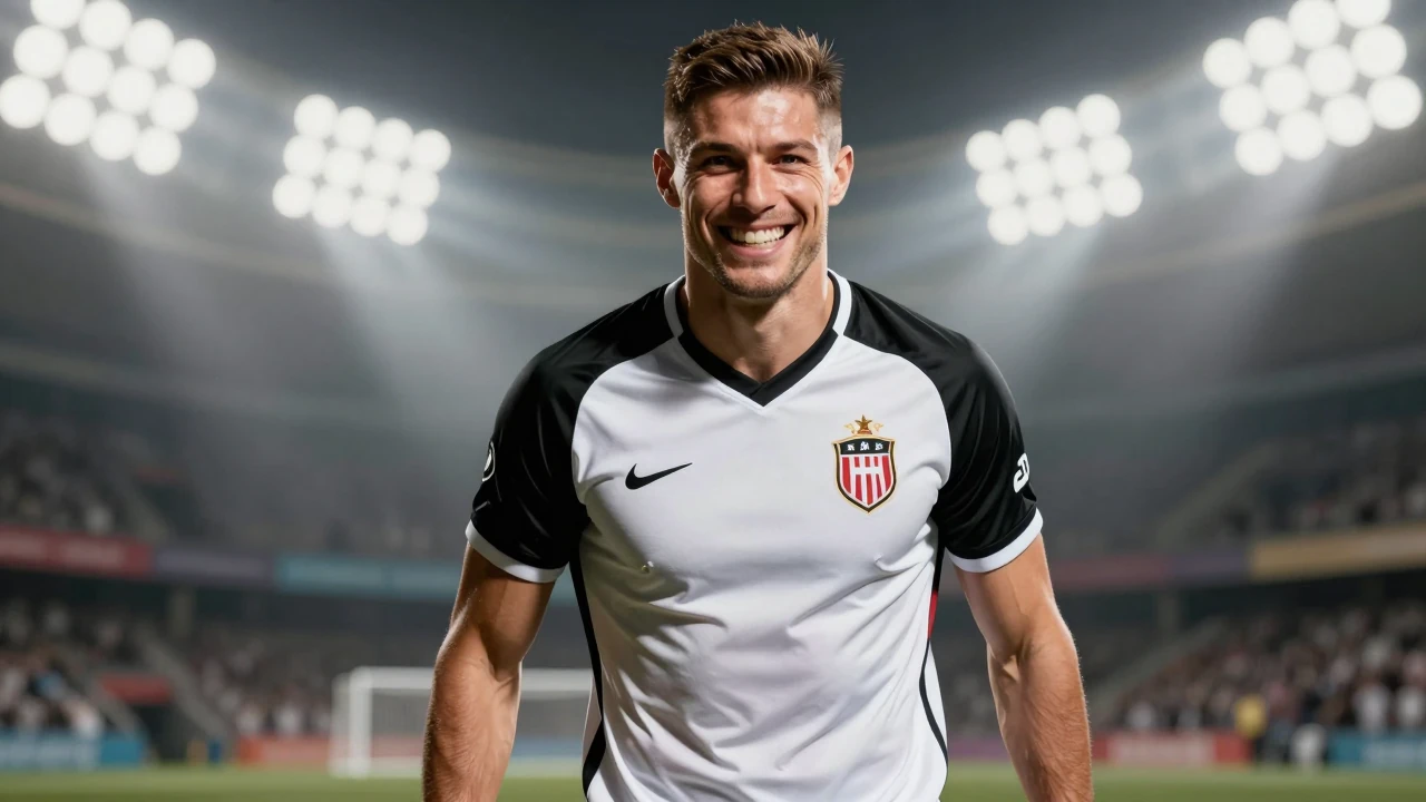 Waist-up shot of a muscular 25-year-old player in black and white home kit, smiling widely with intense determination