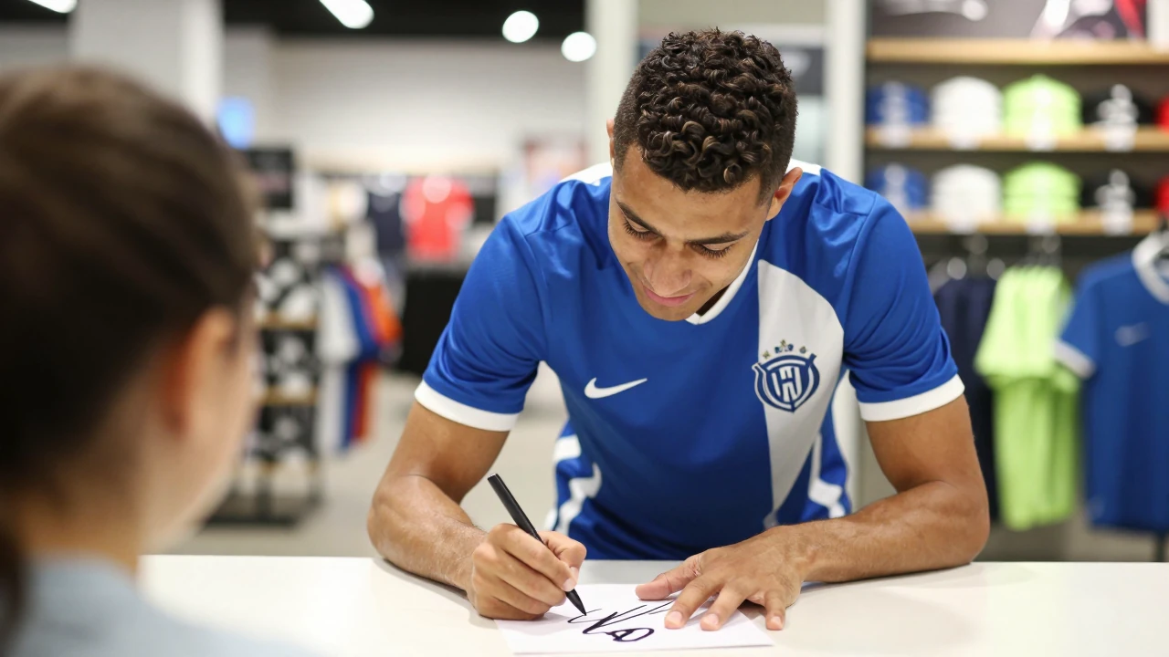 Carlos Dotor y Eneko Jauregi de Málaga CF participaron en una sesión de autógrafos en la tienda Movistar de Málaga, parte...