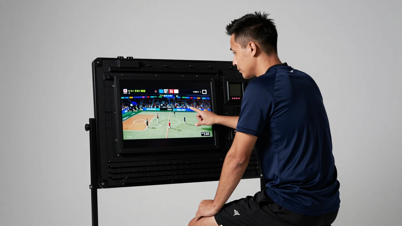 A 30-year-old coach, lean build, waist-up, studying game footage intently