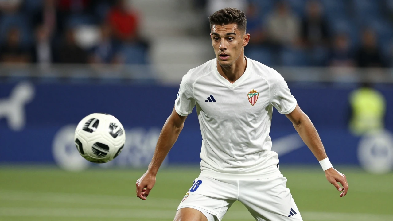 A young, muscular defender in Málaga CF's all-white kit, positioned confidently on the pitch, eyes focused intently...