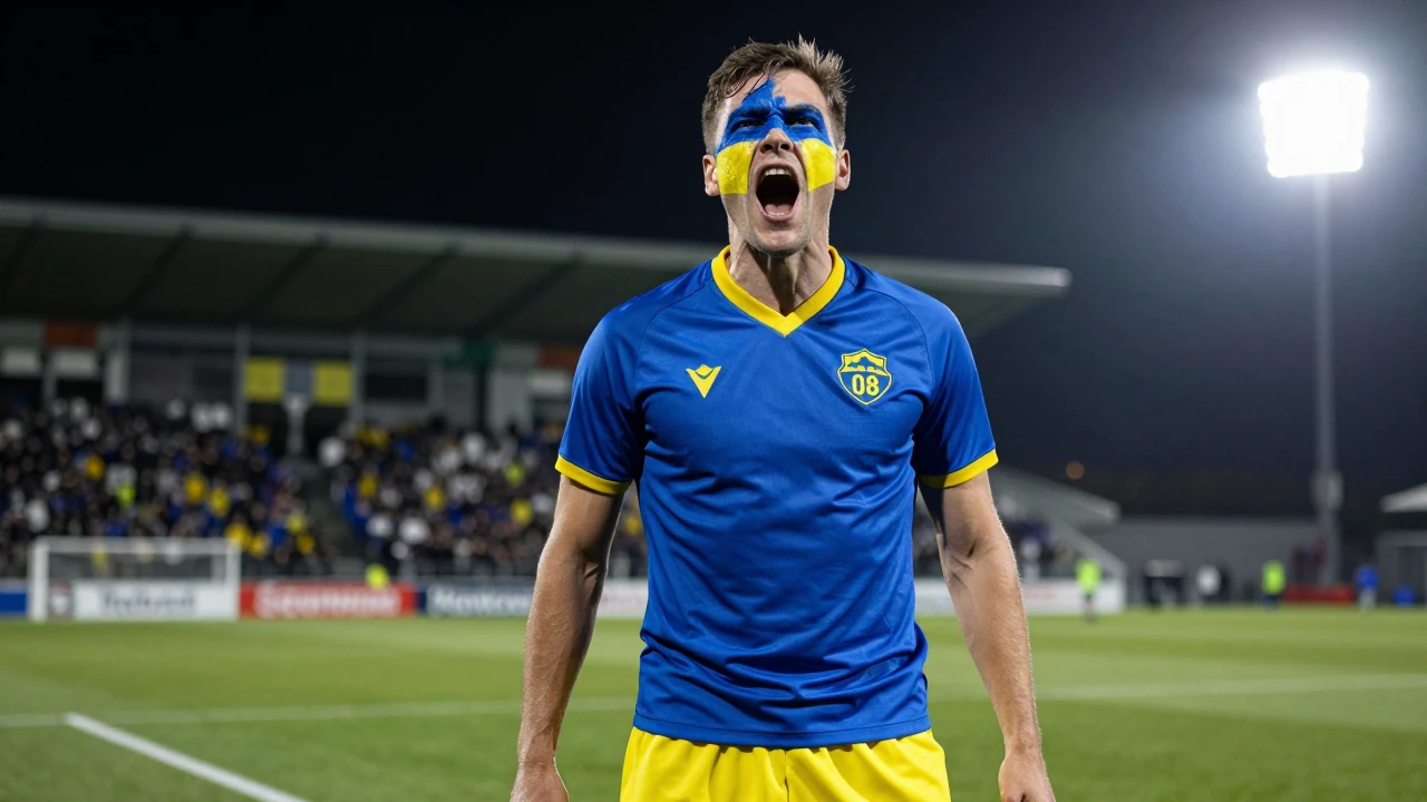 Waist-up shot of an anonymous Sarpsborg 08 supporter, mid-scream with face painted in blue and yellow, wearing a solid...