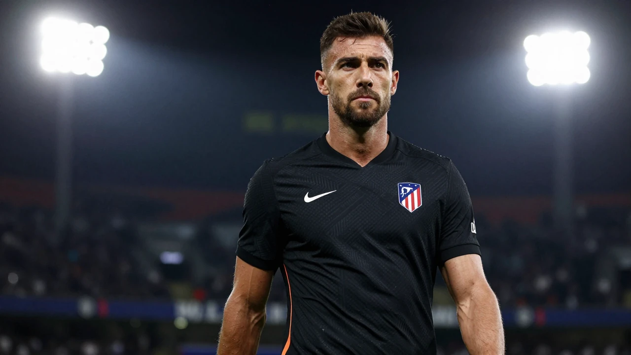 El capitán del Atlético de Madrid, Koke Resurrección, fue fotografiado durante el calentamiento previo al partido de...