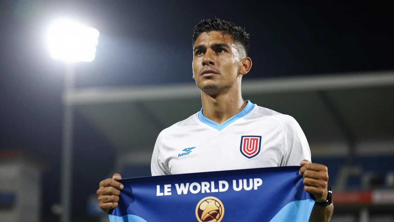 Floodlight rim light: A young Colombian coach in a clean white and sky blue kit stands triumphantly, his face lit with...