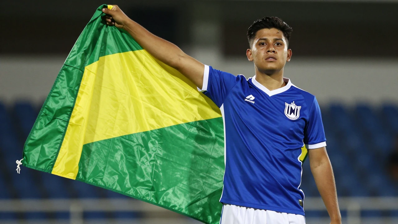 Waist-up shot of an anonymous young supporter wearing a solid blue Necaxa jersey and white shorts, face lit by floodlight...