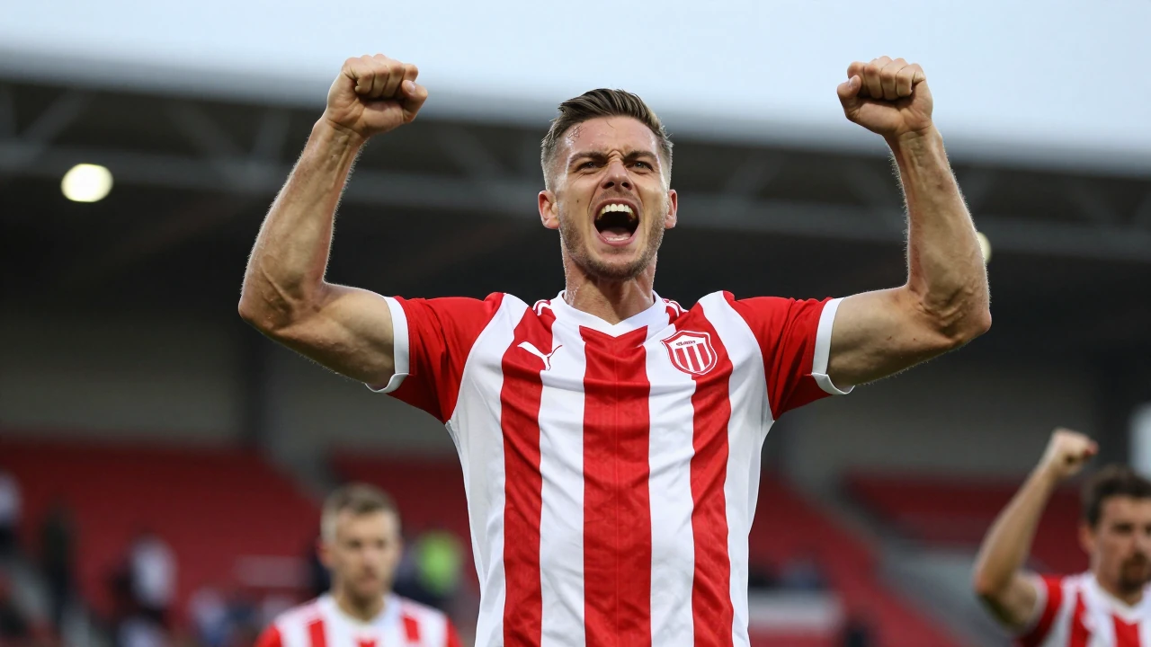 Waist-up shot of an enthusiastic Sarpingerne supporter in a red and white striped shirt, cheering with intense passion...