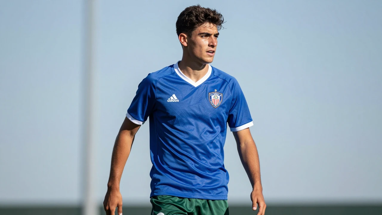Waist-up shot of a young midfielder in the new Málaga CF home kit, wearing a deep blue jersey with white trim and dark...
