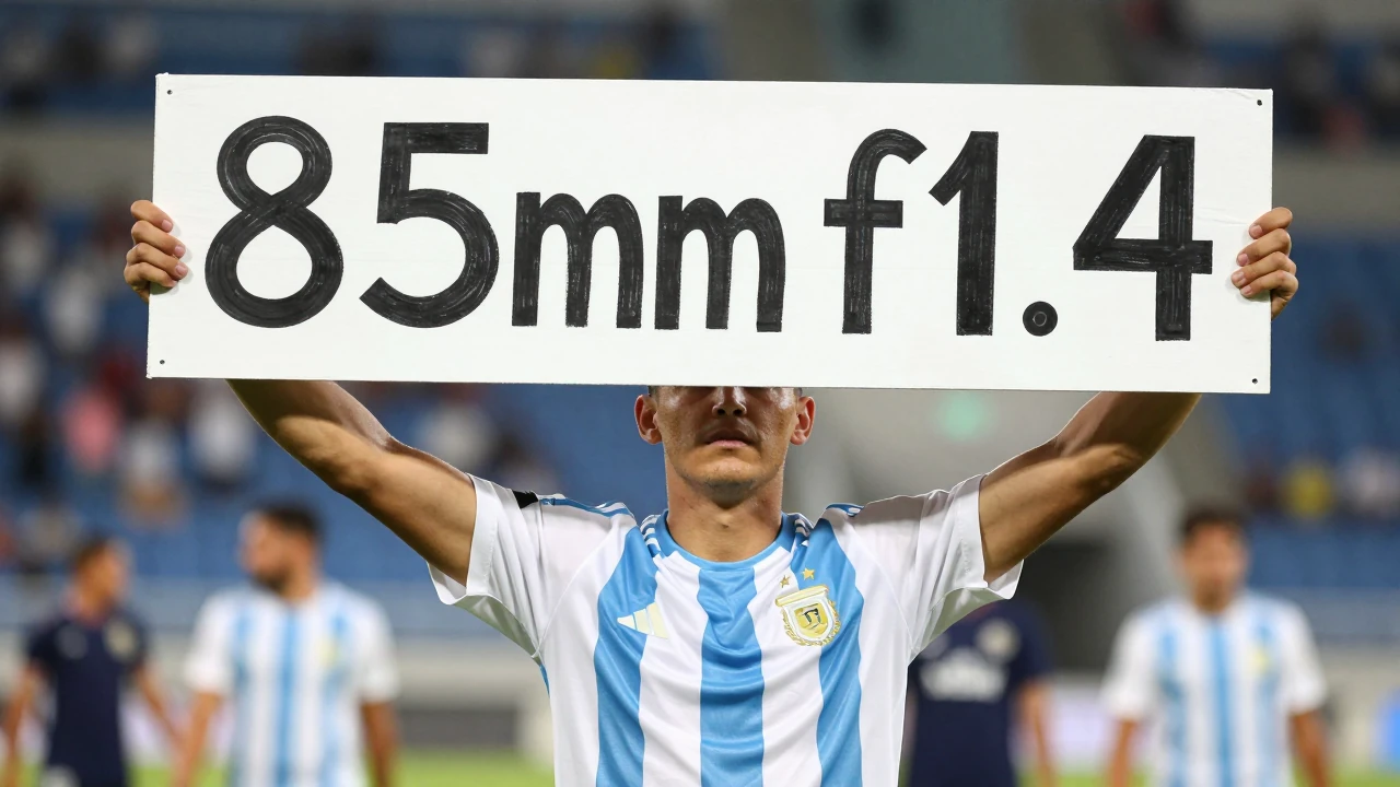 Waist-up shot of an anonymous young supporter in a white and blue striped jersey, holding up a handmade banner at...