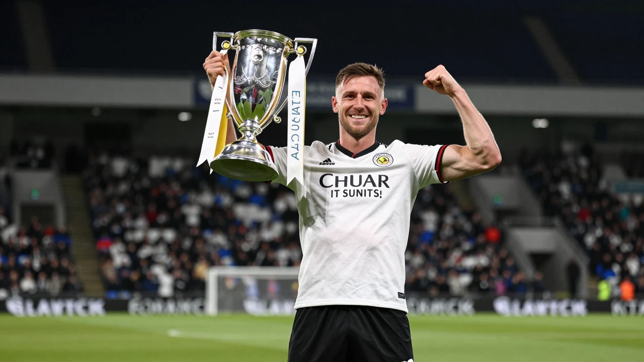 Waist-up shot of a 32-year-old St Johnstone player in a clean white jersey and black shorts, muscles flexing as he raises...