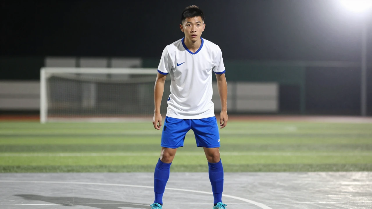 A 28-year-old midfielder, lean and determined, wearing a clean white jersey with blue shorts and cleats, his focused eyes...