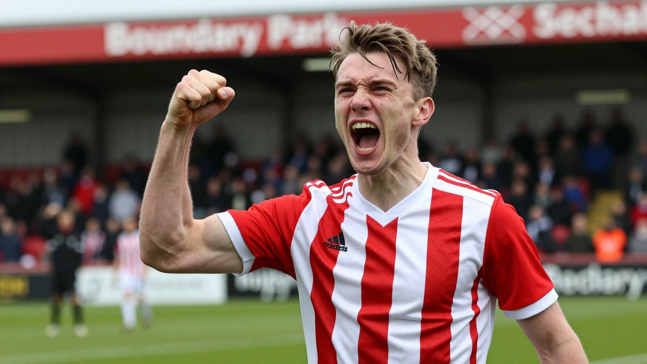 A young supporter in a red and white striped jersey, pumping a clenched fist and cheering loudly, eyes gleaming with...