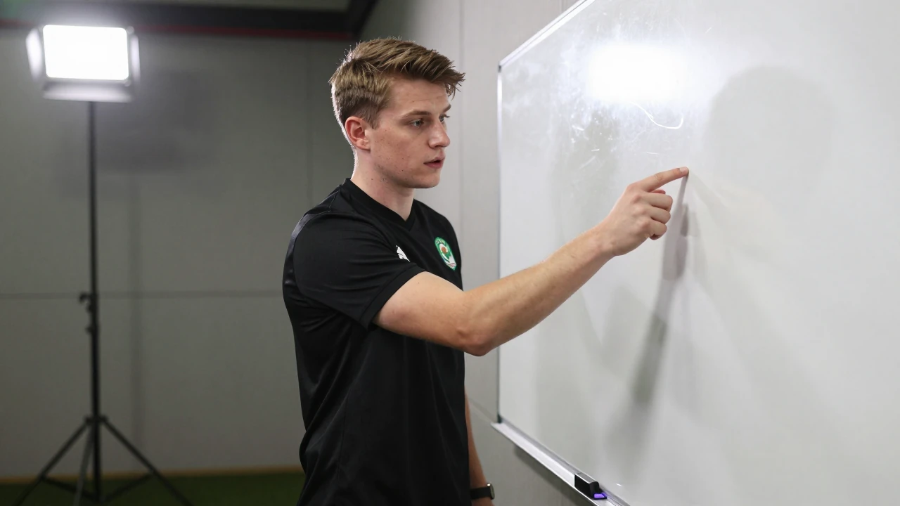 Waist-up shot of a young, agile Shamrock Rovers coach in all-black kit, focused on intense strategizing with a whiteboard