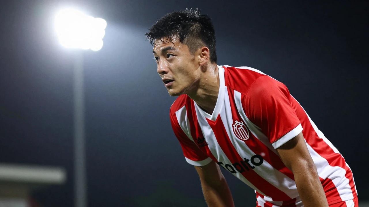 A young, energetic Eastleigh player, aged 21, wearing a red and white striped jersey, leans forward with determination...