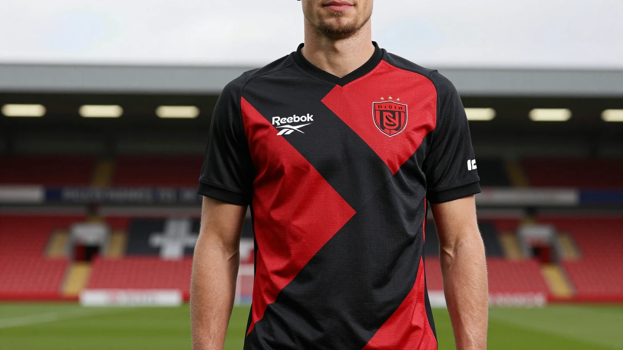 Milton Keynes Dons unveil their 2026-27 away kit by Reebok, featuring a black base with a red geometric graphic, inspired...