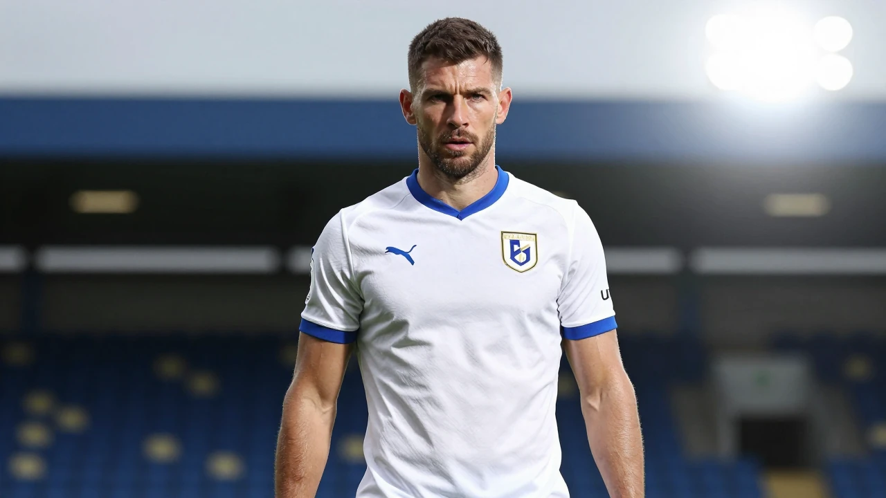 Waist-up shot of a muscular, mid-30s Oldham Athletic player in a clean white and royal blue kit, his intense gaze fixed...