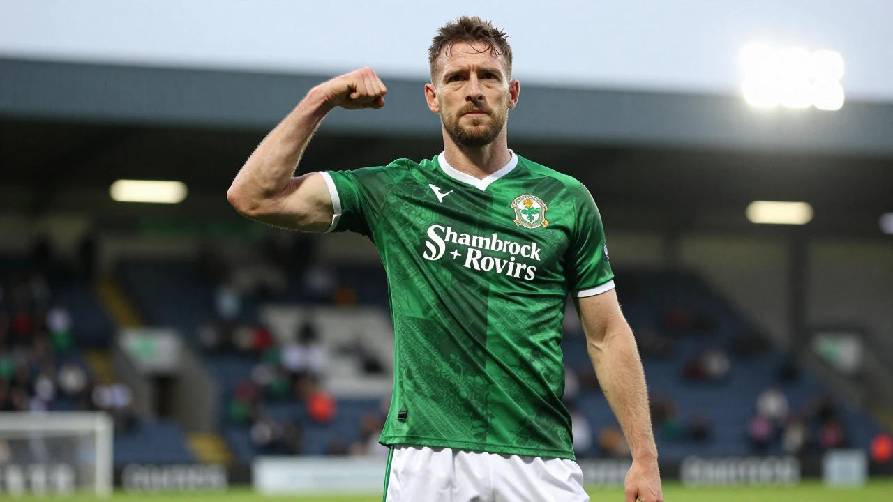 Waist-up shot of a 35-year-old Irish player, standing confidently with a determined look