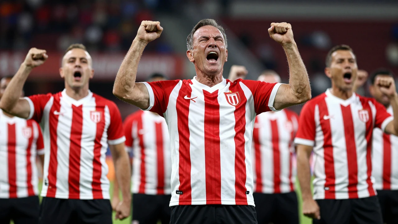 Waist-up shot of an anonymous middle-aged supporter wearing a red and white striped jersey and black shorts, eyes aglow...