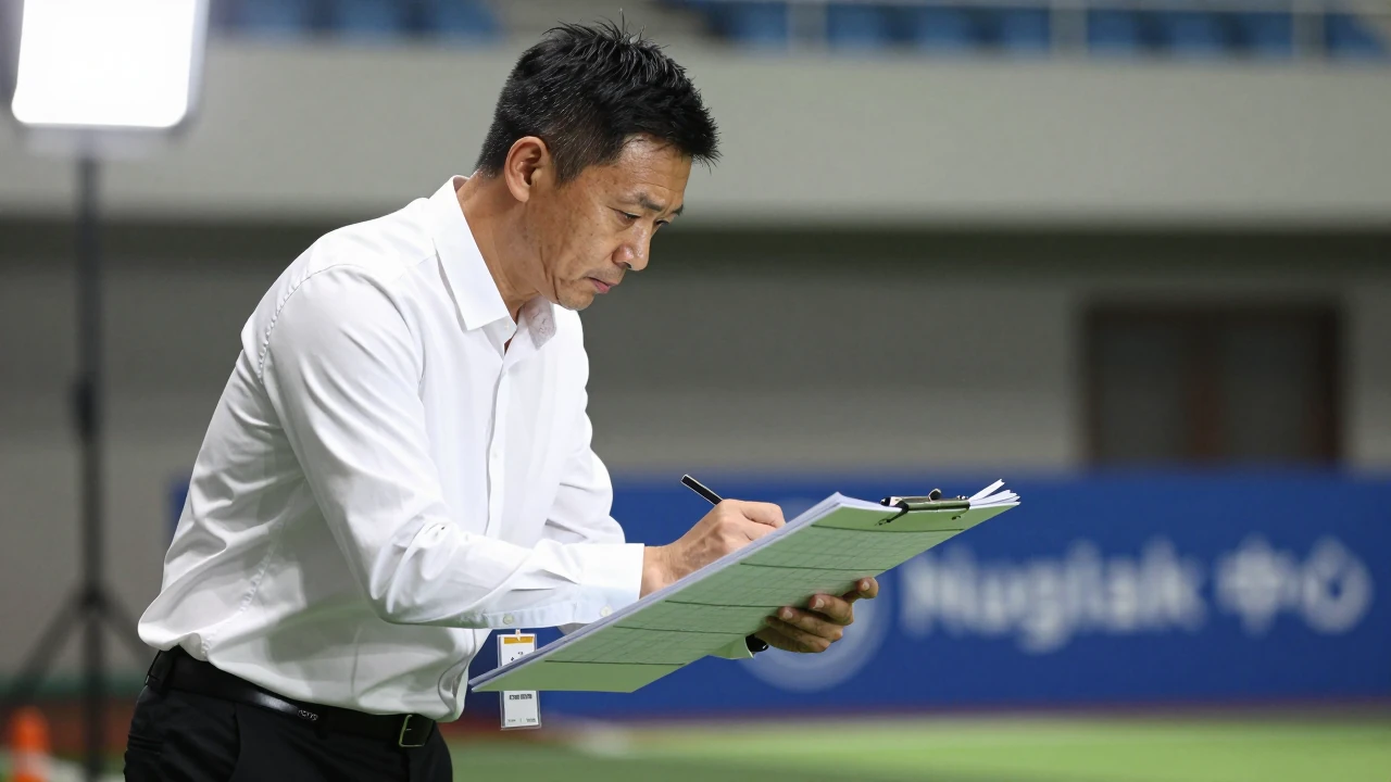 A 30-year-old coach, lean and determined, waist-up, studying a tactical board with a white shirt and black pants, intense...