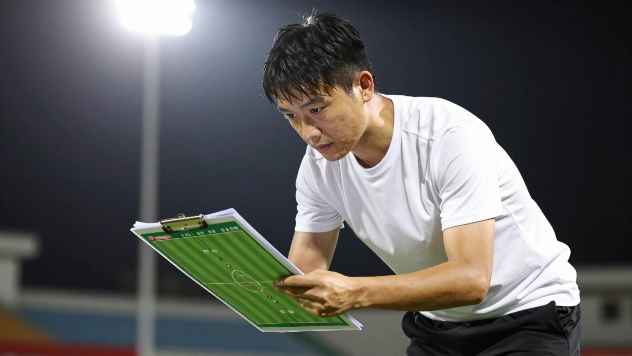 A 28-year-old coach in a clean white shirt and black shorts, his focused gaze intently studying a training ground map on...