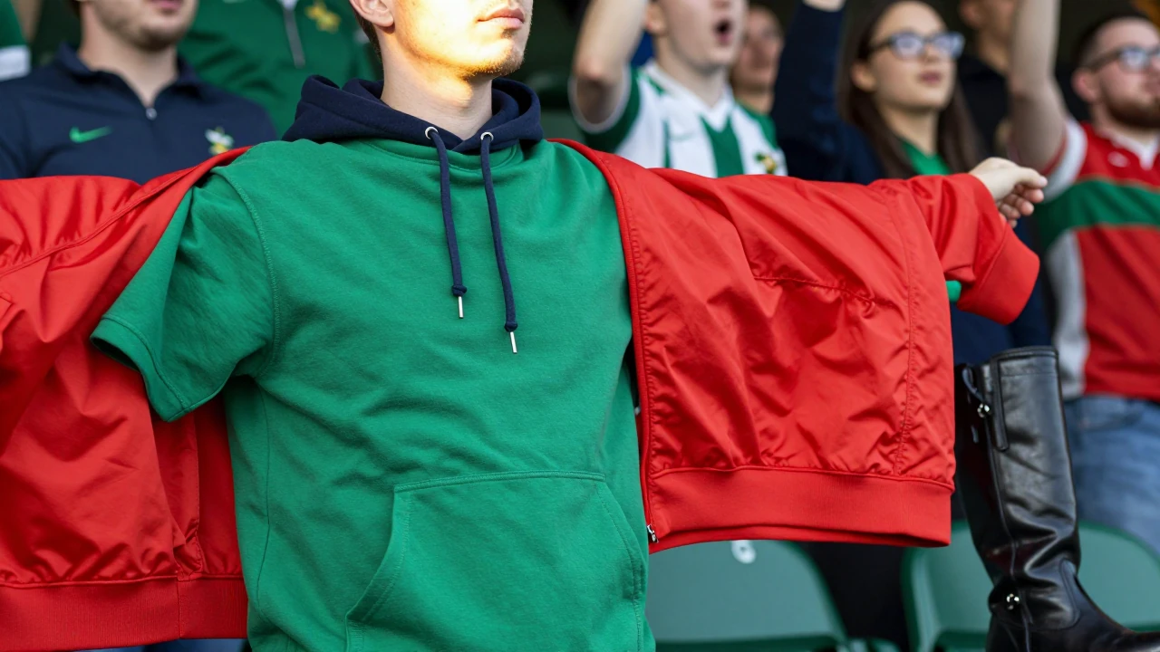 Soft natural light, key sidelight, hoodie in emerald green and navy, leather boots, face illuminated, arm draped over a...