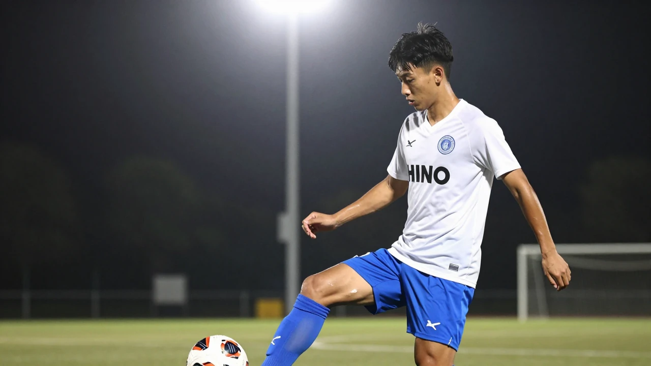 A young midfielder, age 24, in a clean block of white jersey with blue shorts and socks, his build fit and strong...