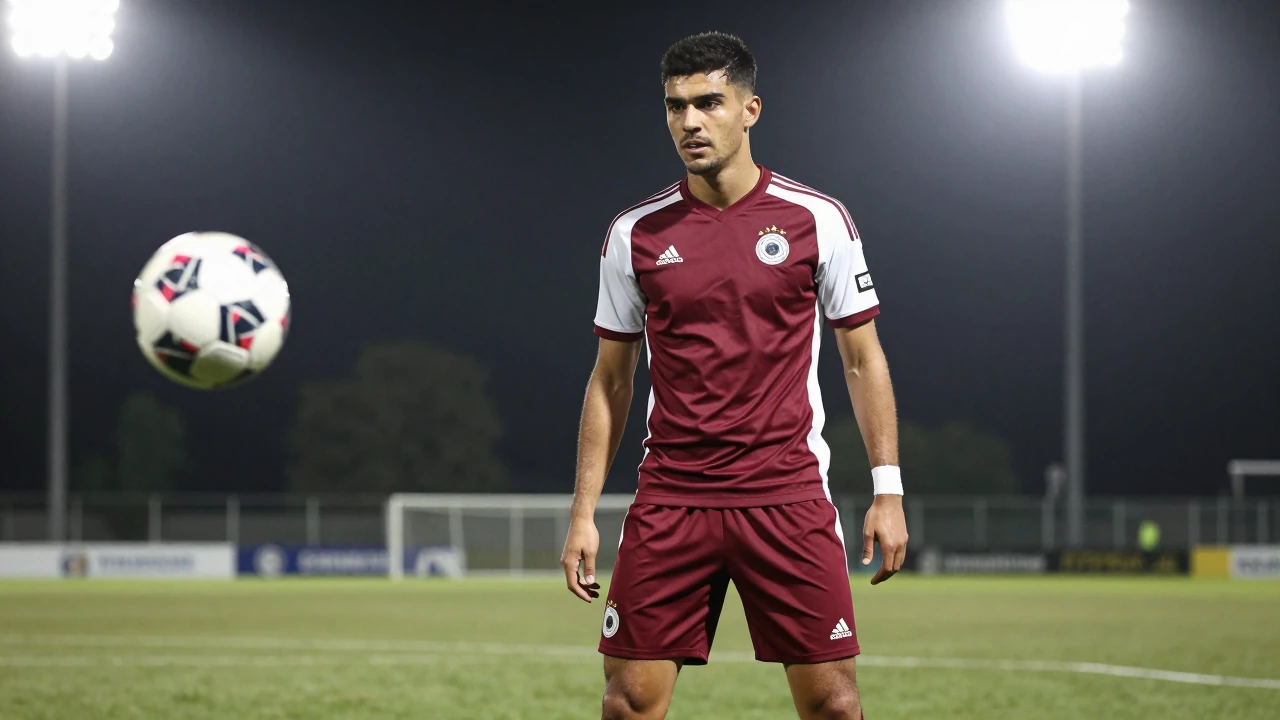 Ashton Cox, a robust 25-year-old midfielder, stands confidently in his maroon and white jersey, eyes locked on the ball...