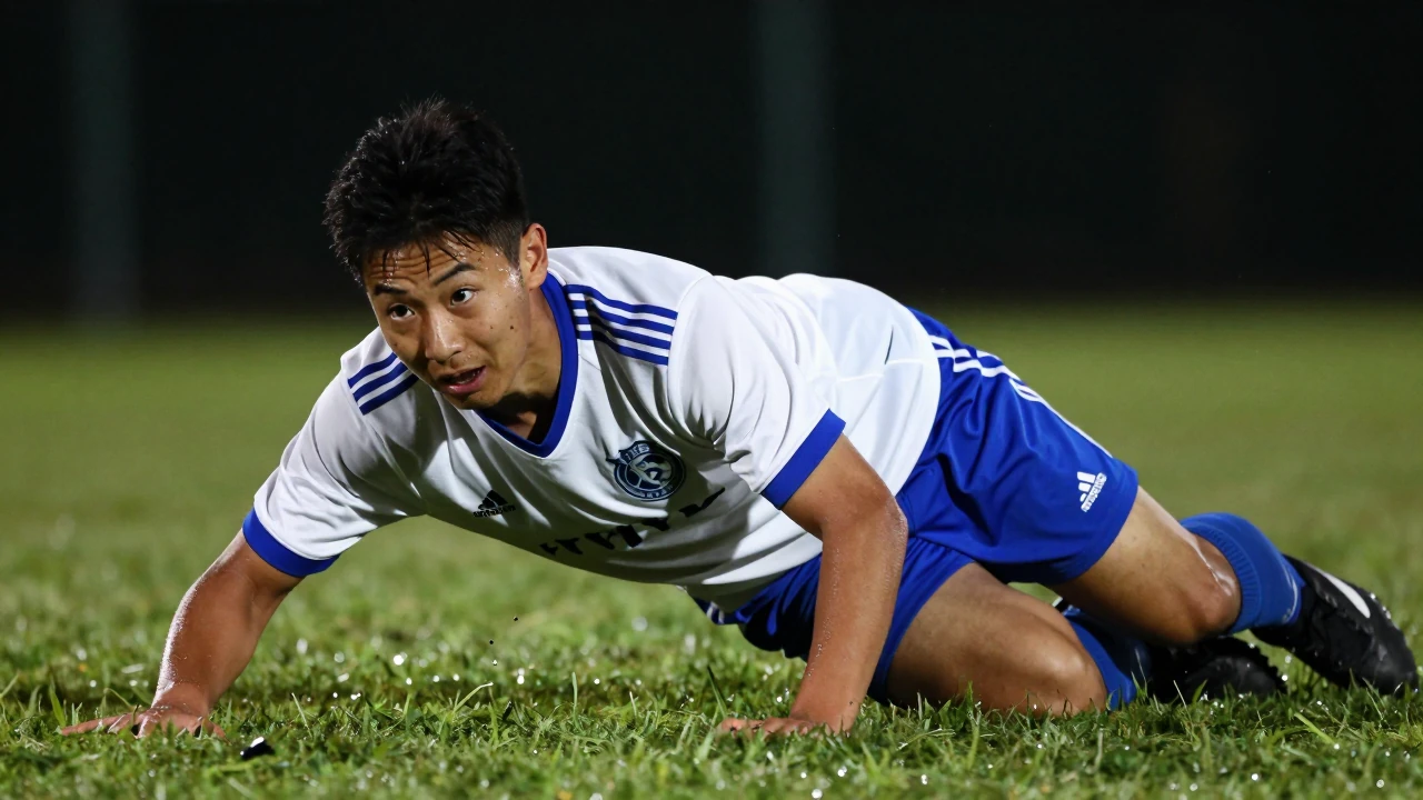 A young, energetic Eastleigh player in a vibrant white and blue kit, head and shoulders in focus, capturing the moment of...