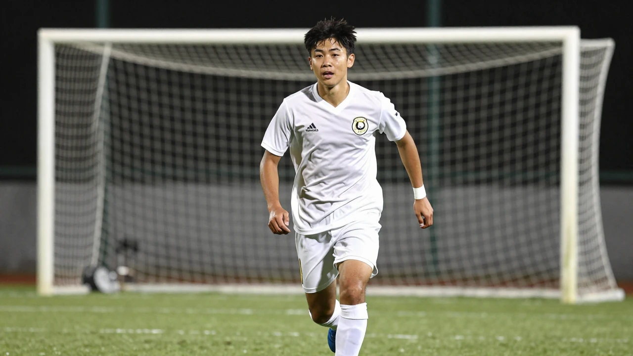A young, energetic midfielder in all-white kit, running with determination towards the goal, face lit by a floodlight rim...