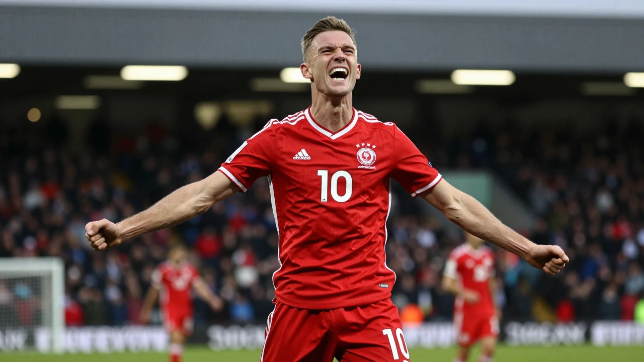 A 28-year-old St Johnstone midfielder, lean and determined, captures the winning goal, his body contorted in celebration, No