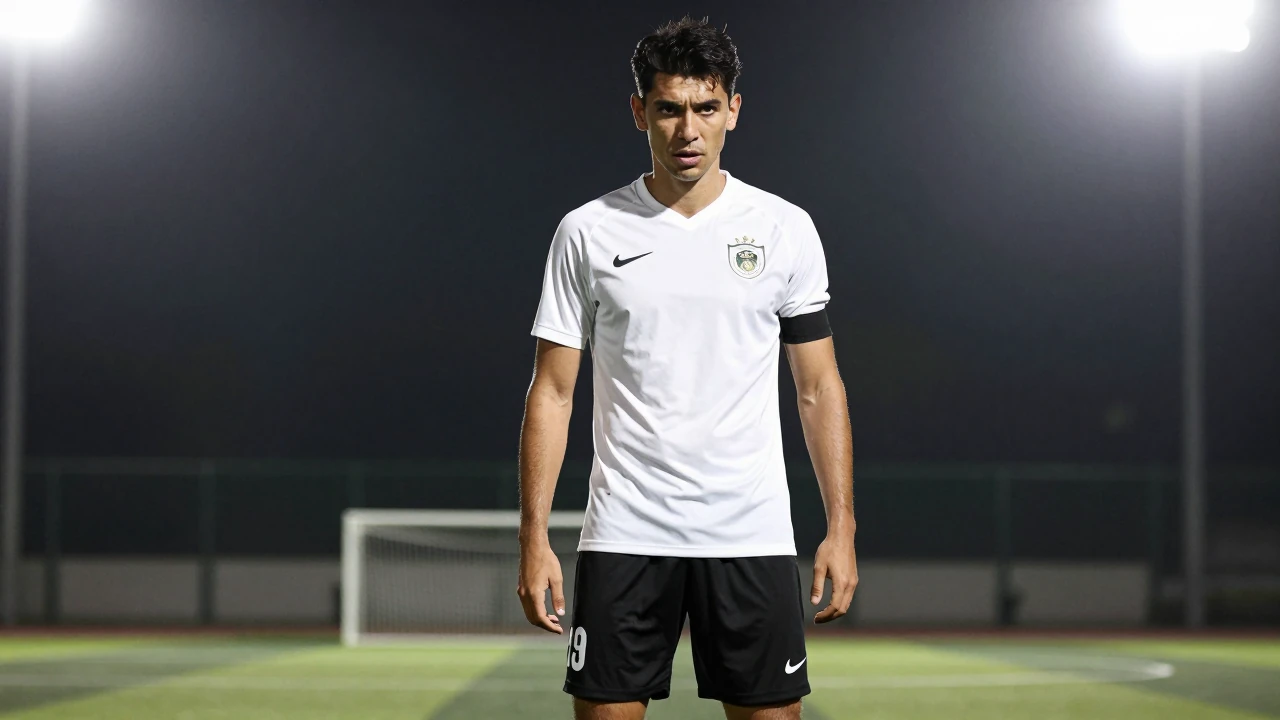 30-year-old midfielder, lean build, waist-up, wearing all-white jersey and black shorts, intense focus with determination...