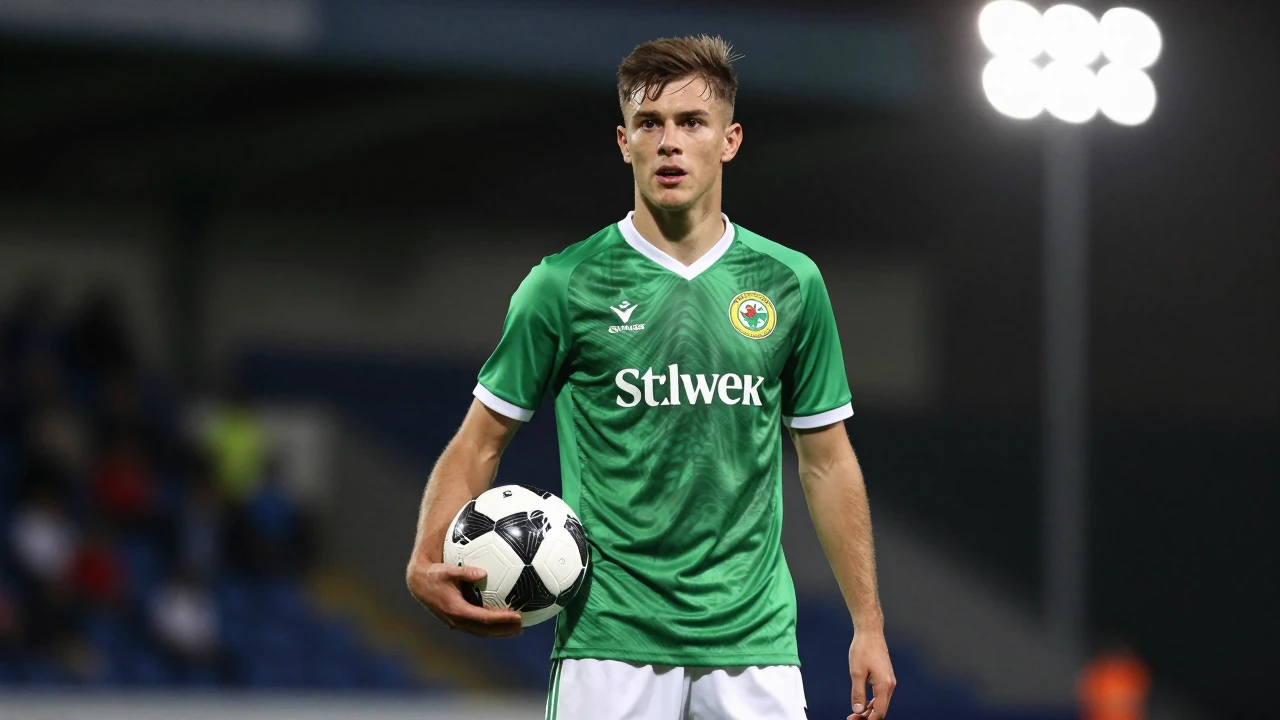 Waist-up shot of a young Shamrock Rovers midfielder, wearing a clean block of green jersey and white shorts, confidently...
