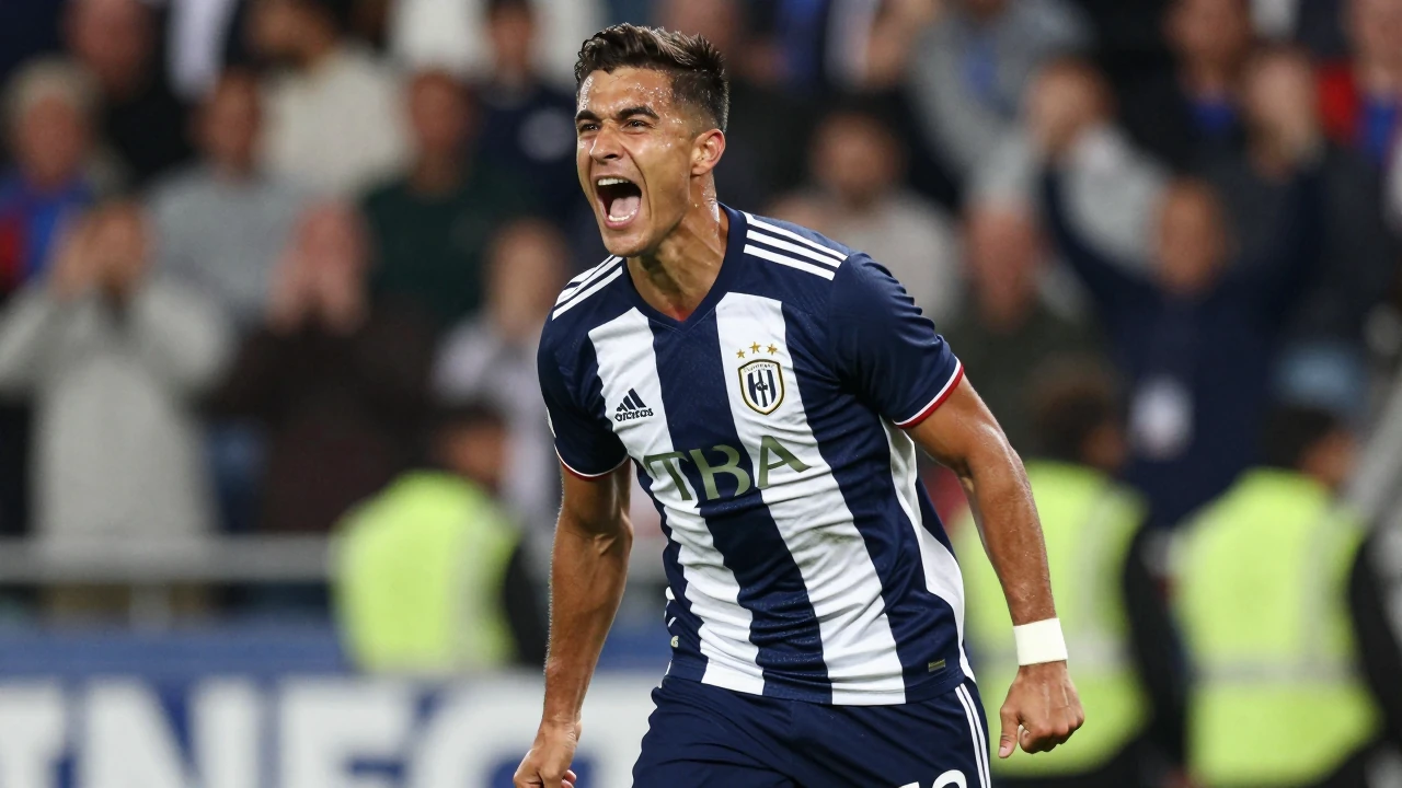 A 28-year-old midfielder, wearing a deep navy blue and white striped jersey, leans into a passionate roar from the crowd...