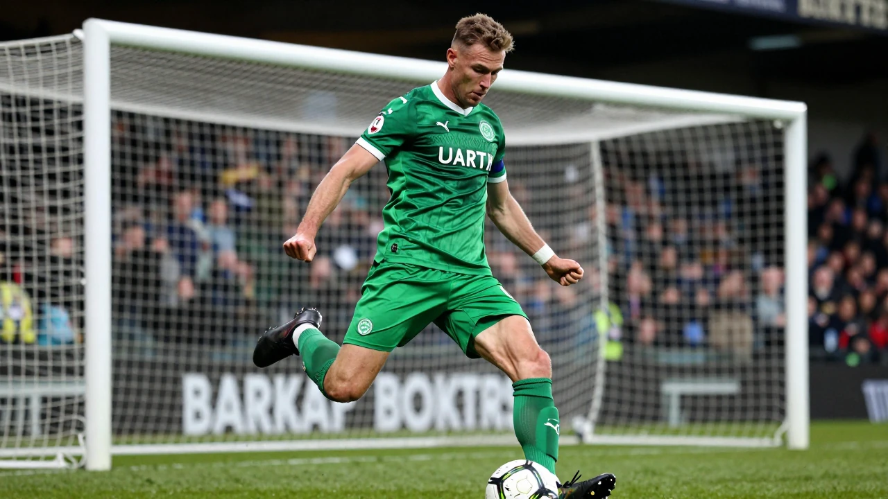 Floodlight rim light: A muscular 28-year-old midfielder in vibrant Shamrock Rovers green kit kicks a crucial winning goal...