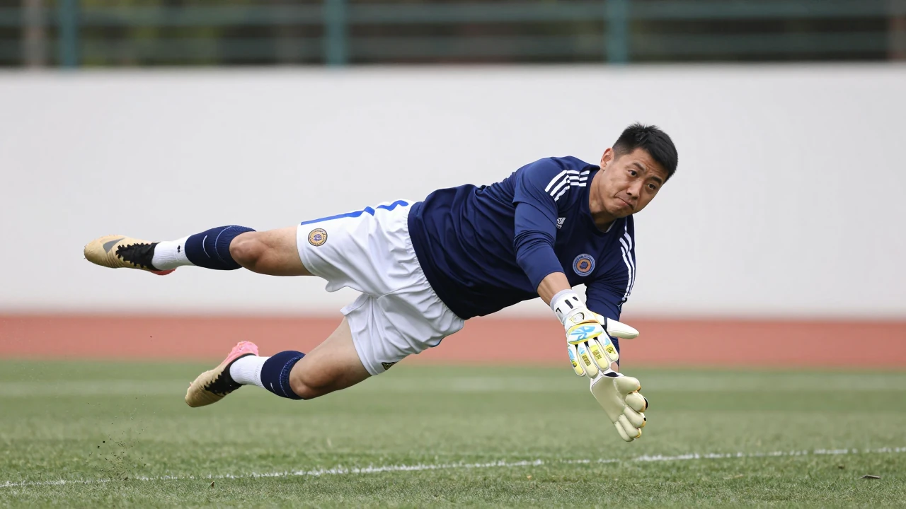 30-year-old goalkeeper, build robust, wearing a dark blue jersey and white shorts, focused intensely as he practices his...