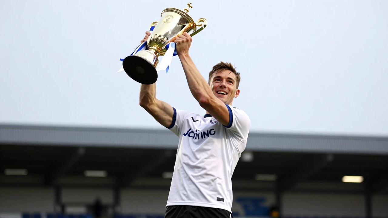 Waist-up shot of aFC Halifax Town midfielder, late 20s, wearing a clean white jersey and black shorts, muscles flexed as...