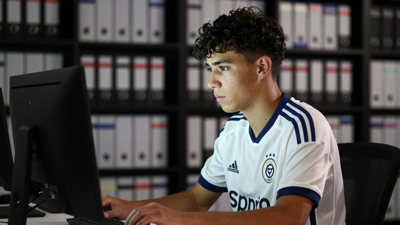 A young midfielder in white and navy stripes focuses intently on his computer screen, with digital archives filling the...