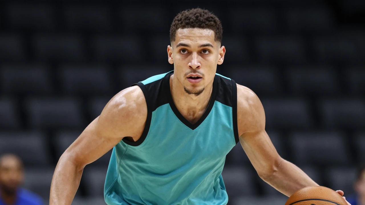 Young athletic guard, mid-20s, muscular build, waist-up, intense gaze, dribbling a basketball in Bulls teal-black...