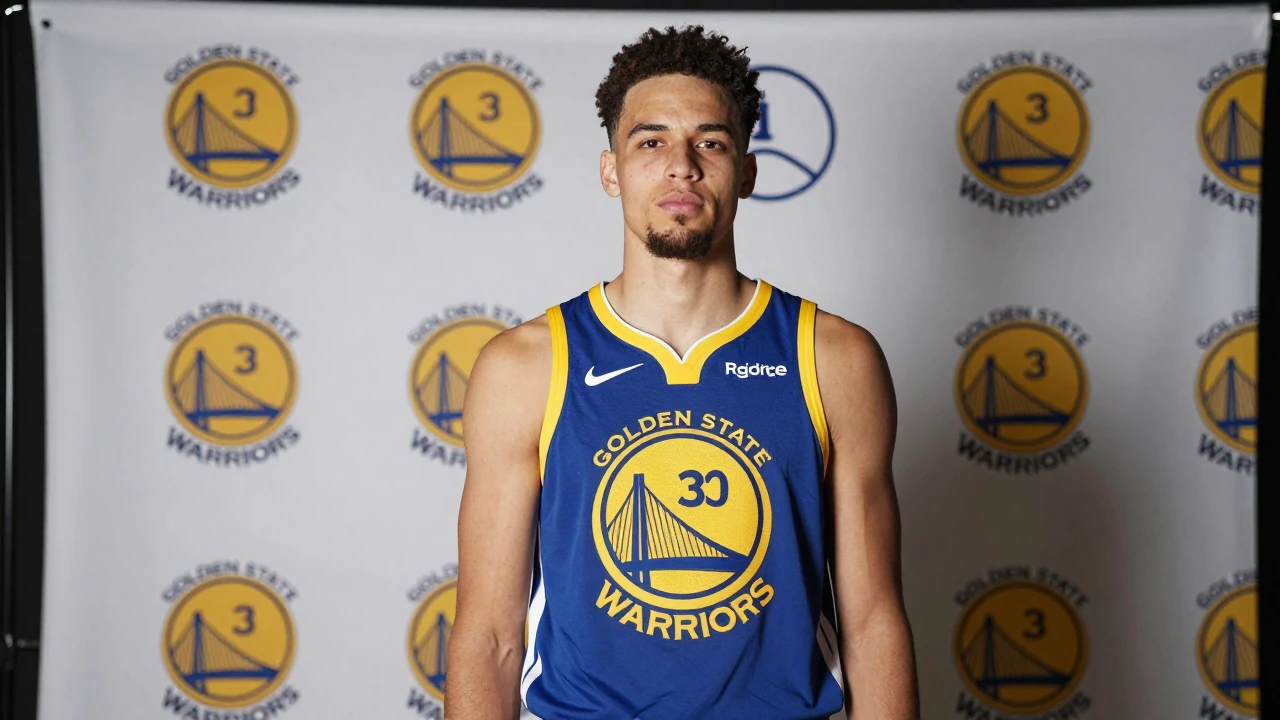 A determined, 22-year-old, 6'5" Santa Clara alumni and recent Golden State Warriors draft pick, wearing the Warriors'...