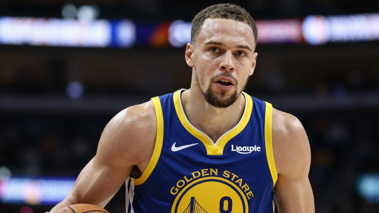 Mid-30s muscular Warriors guard, intense eyes, sweat-glazed forehead, wearing Golden State Warriors home jersey (royal...