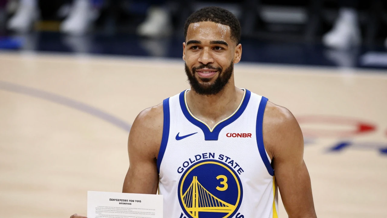 Mid-30s muscular forward in a crisp Golden State Warriors home jersey, white with royal blue accents, Warriors crest...