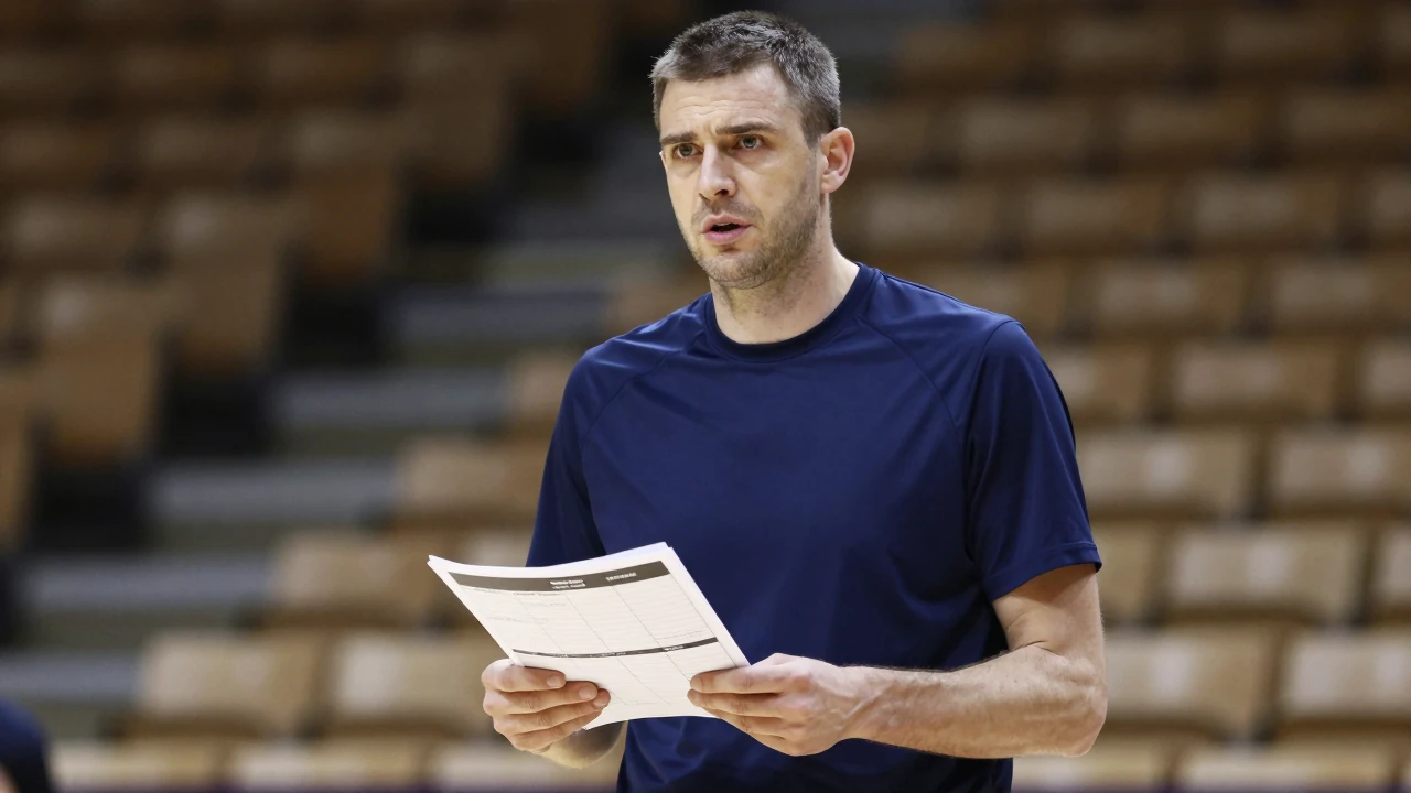 Mid-30s Bulls assistant coach, athletic build, waist-up, intense expression, head-and-shoulders framed, wearing a plain...