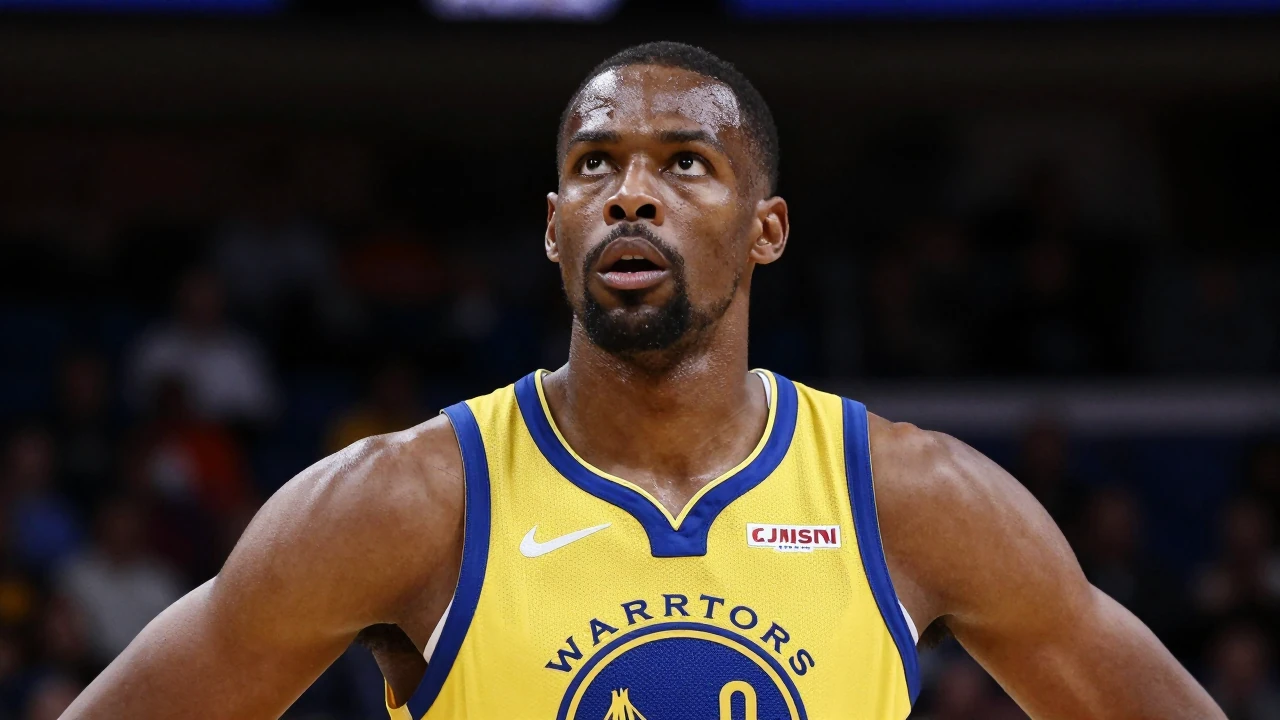 A 30-year-old, athletic Warriors power forward, in a tight, golden home jersey with navy blue trim, Warriors crest on...