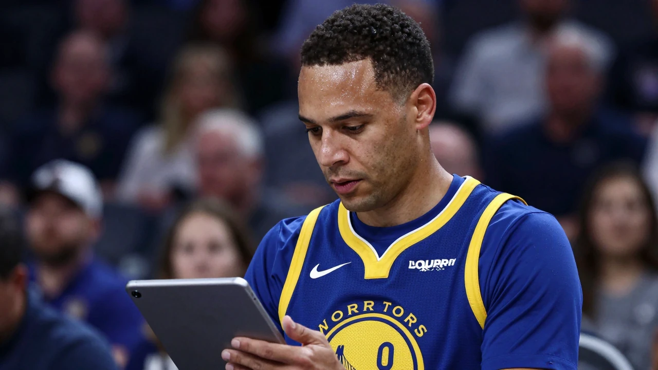 Mid-shot of a mid-30s, athletic-built anonymous Warriors general manager, intense eyes focused on a tablet, wearing a...