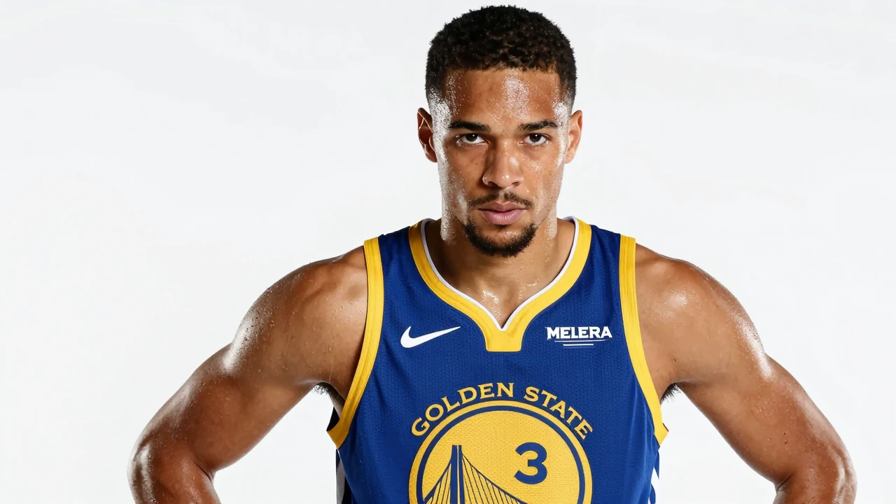 25-year-old athletic guard, muscular build, waist-up, wearing Golden State Warriors home jersey (royal blue with gold...