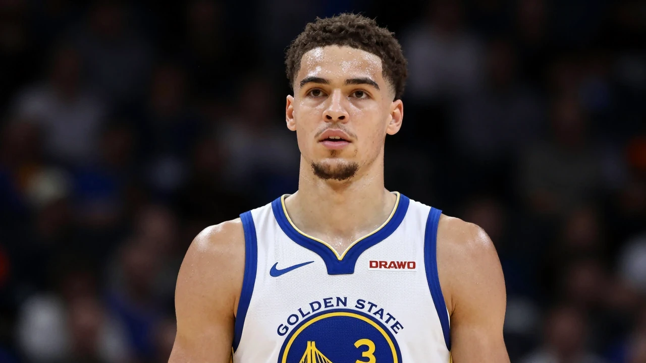 A focused, waist-up portrait of a 22-year-old athletic guard in a Golden State Warriors home jersey, crisp white with...