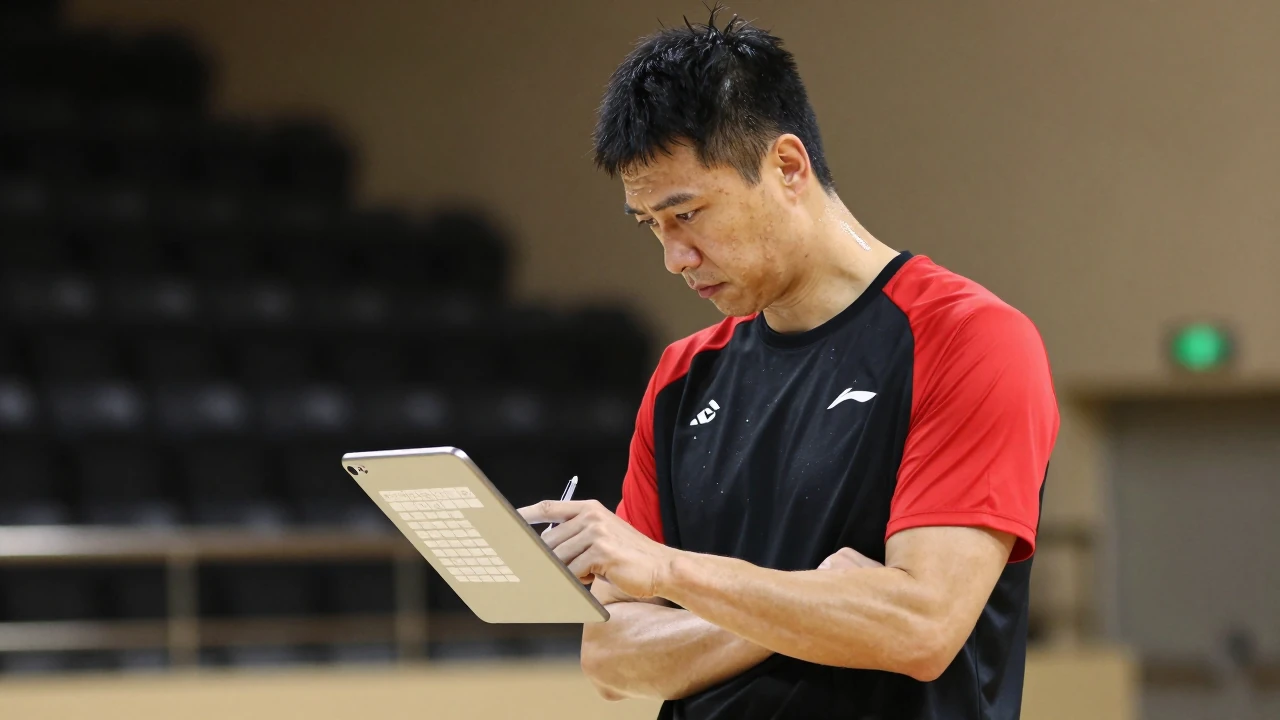 A close, waist-up shot of a 30-year-old, 6'2" athletic build, unmarked black and red basketball team training top, with a...