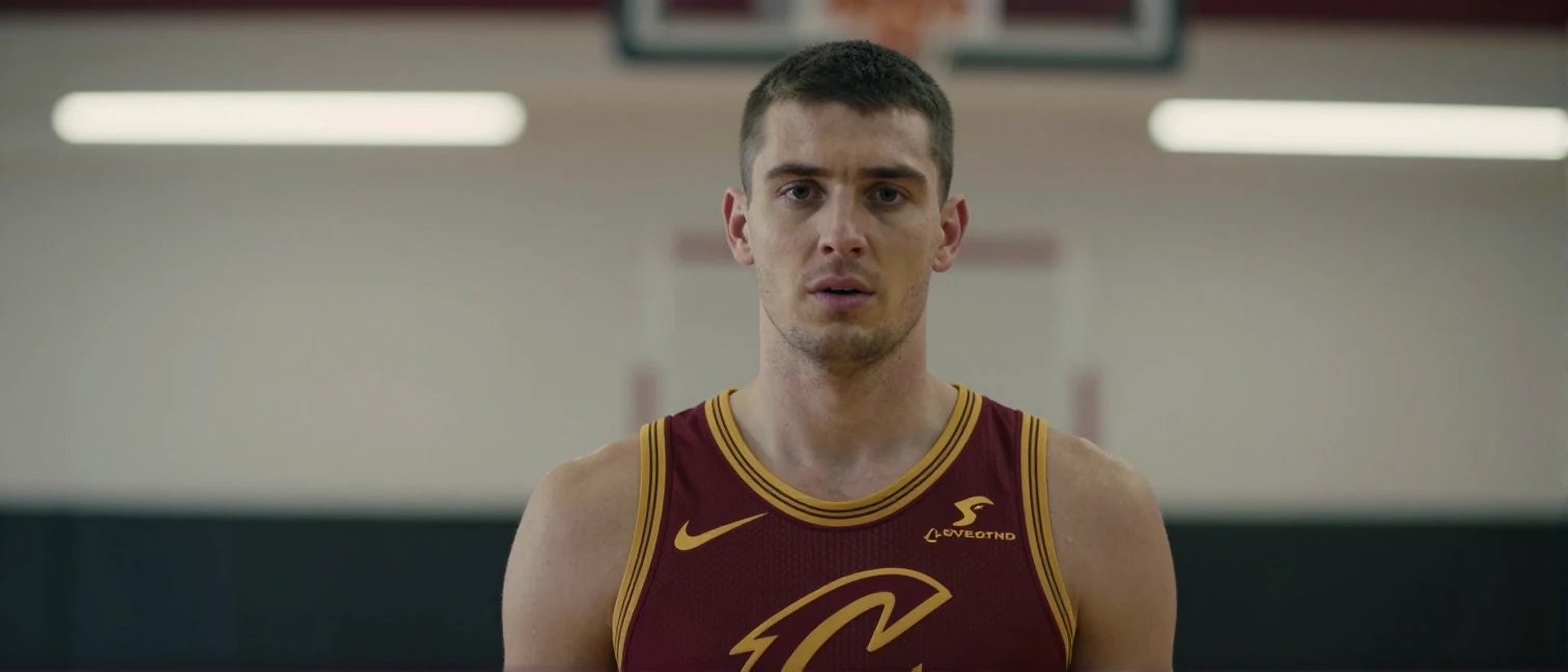 Mario Hezonja, mid-30s, sharp-eyed, short dark hair, wearing Cleveland Cavaliers home jersey (wine-red with gold trim...