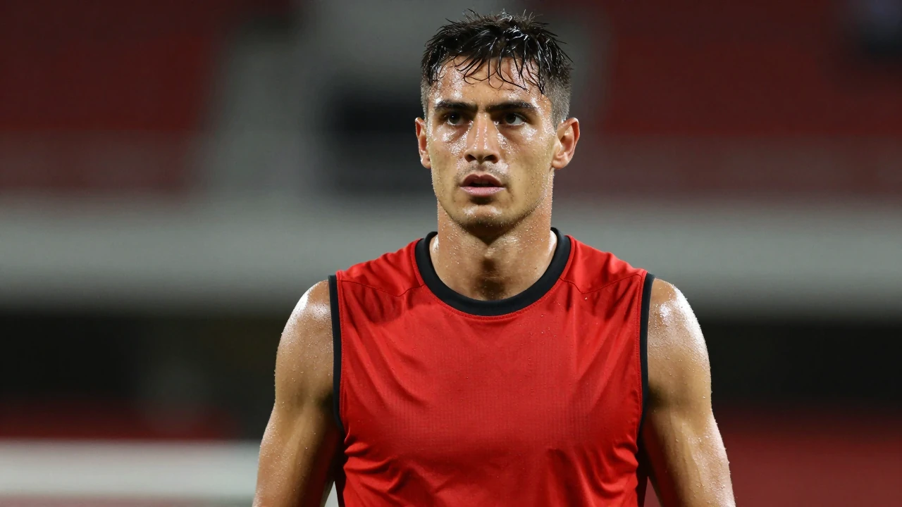 Mid-30s muscular forward, intense gaze, sweat-glazed skin, wearing a plain red sleeveless training top with black trim...