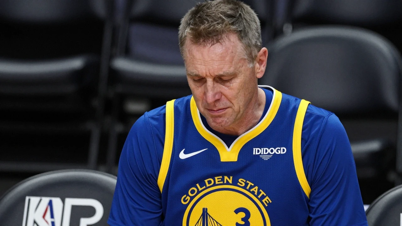 A somber, 60-year-old Warriors assistant coach, dressed in the Golden State Warriors' home blue and yellow kit, looks...