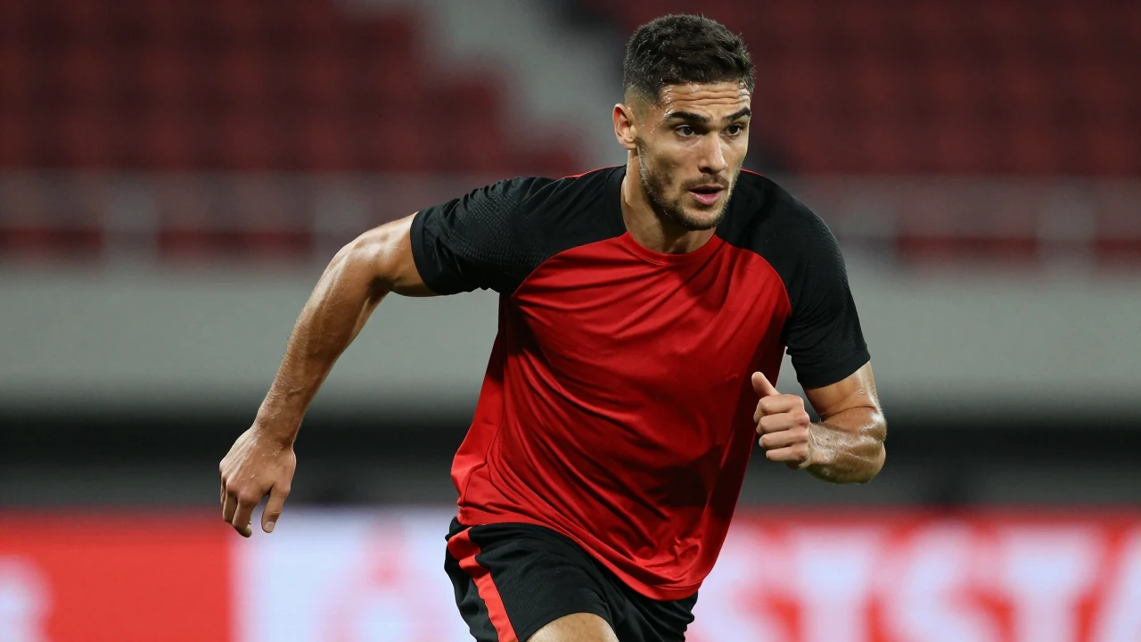 22-year-old athletic forward, muscular torso, short dark hair, intense eyes, mid-sprint dribble, wearing plain unmarked...